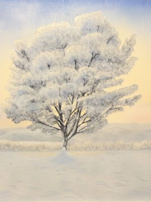 handgemalte winterlandschaft mit schneebedecktem baum im cineastischen licht