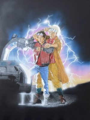 handgemaltes portrait im filmstil inspiriert von zurück in die zukunft mit zwei personen und delorean