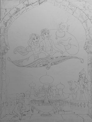 vorzeichnung eines handgemalten portraits im filmstil als detaillierte bleistiftskizze auf holzplatte, Portfolio Portraitmalerei Arbeitsprozess