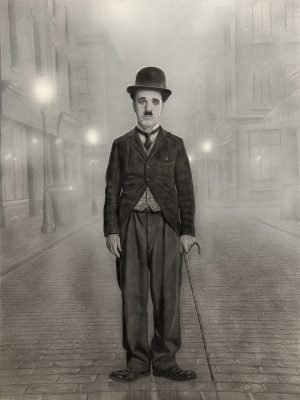 handgemaltes portrait im klassischen filmstil von charlie chaplin in schwarz weiß, portrait malen lassen nach foto