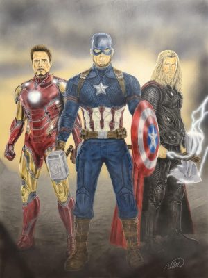 handgemaltes gruppenportrait im filmstil inspiriert von avengers mit mehreren personen