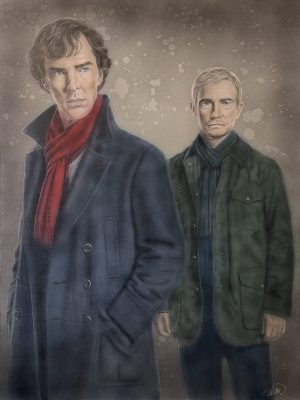 handgemaltes portrait im filmstil von zwei personen inspiriert von sherlock holmes