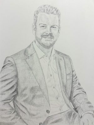 Vorbereitungsphase eines handgemalten Portraits – Bleistiftskizze und Untermalung auf grundierter Holzplatte